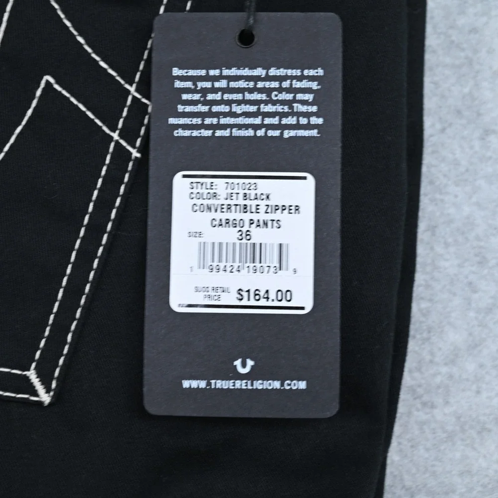 NWT True Religion 36 Black Convertible Cargo Pants Edgy Alternative Streetwear